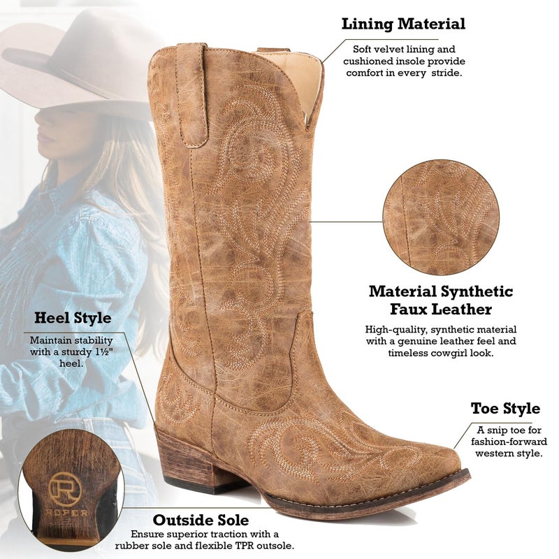 ROPER Womens Riley Embroidered Snip Toe Casual Boots Mid Calf Low Heel 1-2" - Brown - Size 8 B - Image 2